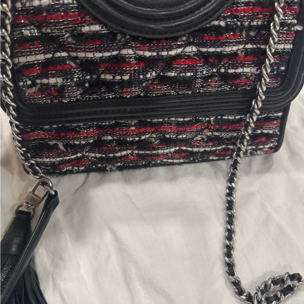 Authentic Tory Burch Fleming Chic Black and Red Tweed Chain Bag